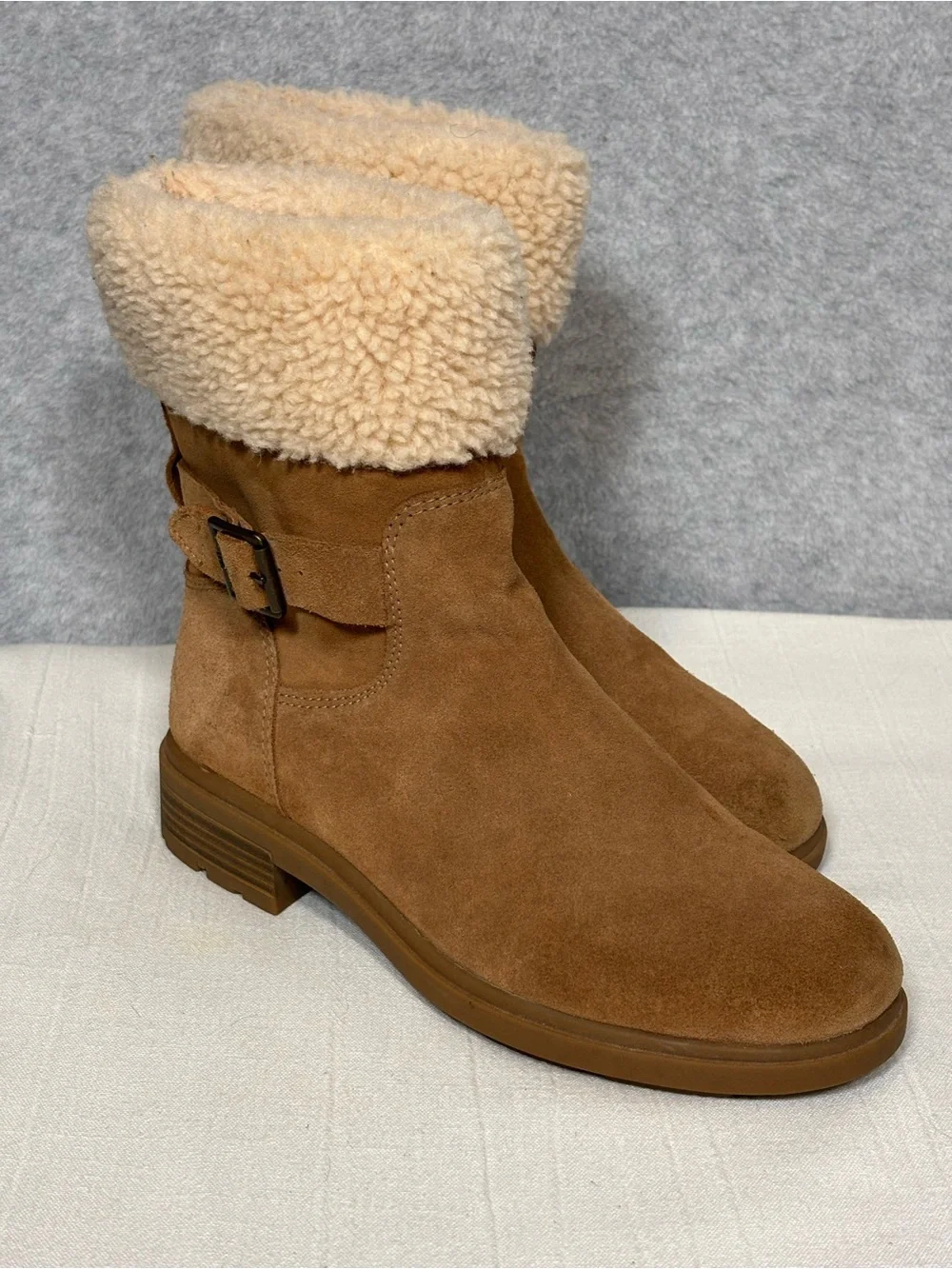 UGG Harrison Cuff Shearling Lined Suede Boots-Chestnut Brown/Cream-Women Size 10